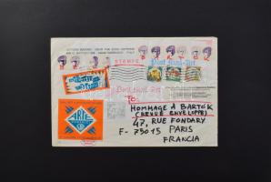 Vittore Baroni (1956-): Bela Bartók (mail art mű). Vegyes technika, nyomat, kollázs, papír, jelzett nyomtatva. Kartonra kasírozva. Joseph Kadarnak (1936-2019) küldve, gyűjteményi pecsétjével (Collection Kadar). 19x26 cm