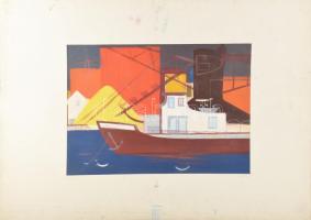 Jozefka Antal (1935-): Rakodóhajó. Tempera, papír. Jelzett. A hátoldalán autográf felirattal. Paszpartuban. 29x41 cm