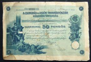 1929. "A Csongrád és Vidéki Takarékpénztár Részvénytársaság" részvénye 30P-ről, szelvényekkel
