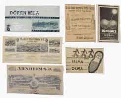 ca 1930 6 db reklám nyomtatvány, dekoratív reklám grafika Longines, Dören Béla, Schicht György, stb
