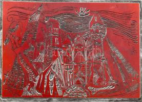 Tavaszy Noémi (1927-2018): A csontvázak katedrálisában (Ady Endre). Fém nyomódúc-klisé. Jelzett a dúcon. Tavaszy Noémi autográf feliratával ellátott papírba csomagolva. 9x12,5 cm.