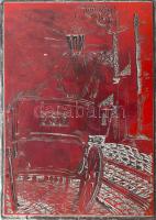 Tavaszy Noémi (1927-2018): Egy ócska konflisban (Ady Endre). Fém nyomódúc-klisé. Jelzett a dúcon. Tavaszy Noémi autográf feliratával ellátott papírba csomagolva. 12,5x9 cm.