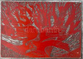 Tavaszy Noémi (1927-2018): Héja-nász az avaron (Ady Endre). Fém nyomódúc-klisé. Jelzett a dúcon. Tavaszy Noémi autográf feliratával ellátott papírba csomagolva. 9x12,5 cm.