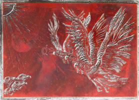 Tavaszy Noémi (1927-2018): A néma madarak (Ady Endre). Fém nyomódúc-klisé. Jelzett a dúcon. Tavaszy Noémi autográf feliratával ellátott papírba csomagolva. 9x12,5 cm.