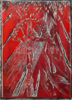 Tavaszy Noémi (1927-2018): Krisztus-kereszt az erdőn (Ady Endre). Fém nyomódúc-klisé. Jelzett a dúcon. Tavaszy Noémi autográf feliratával ellátott papírba csomagolva. 12,5x9 cm.