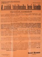 1942 Nagykőrös. A zsidók tulajdonában lévő kisebb ingatlanok átengedése c. polgármesteri rendelet. Nagy méretű plakát. Hajtva, jó állapotban 46x32 cm