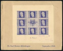 Austria 1946 Renner vágott kisívsor japán papíron, eredeti pergamenlapos füzetben, a borító enyhén g...