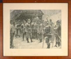 Ferenc József vadászaton. Nagy méretű nyomat Gause grafikája alapján, üvegezett keretben. Keret mérete 45x37 cm