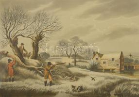 Vadász litográfia. Szalonkalövészet. Nagy méretű litográfia. Howit festménye alapján, üvegezett kere...