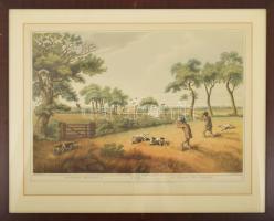 Vadász litográfia. Fogoly vadászat. Nagy méretű litográfia. Howit festménye alapján, üvegezett keretben. Keret mérete 68x48 cm, keret karcos