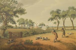 Vadász litográfia. Fogoly vadászat. Nagy méretű litográfia. Howit festménye alapján, üvegezett keret...