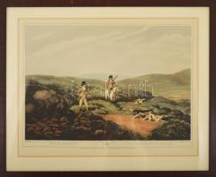 Vadász litográfia. Fajd vadászat. Nagy méretű litográfia. Howit festménye alapján, üvegezett keretben. Keret mérete 68x48 cm, keret karcos