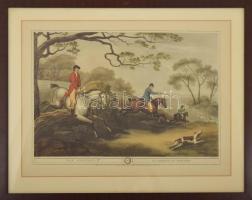 Vadász litográfia. Róka vadászat. Nagy méretű litográfia. Howit festménye alapján, üvegezett keretben. Keret mérete 68x48 cm, keret karcos