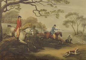 Vadász litográfia. Róka vadászat. Nagy méretű litográfia. Howit festménye alapján, üvegezett keretbe...