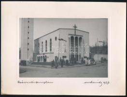 1937 Orphanidesz János (1876-1939): Pasaréti téri (Csévi úti templom) art deco templom . jelzett vintage fotóművészeti alkotás, művészfólián másolva, ezüst zselatinos fotópapíron, képméret 16x11,5 cm, papírméret 24x18 cm