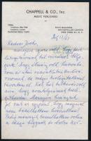 1961 Szirmay Albert (1880-1967) zeneszerző autográf sorai amerikai levélopapírján orvosának Nádor Henriknek, melyben 23 év után történt hazalátogatásáról ír.