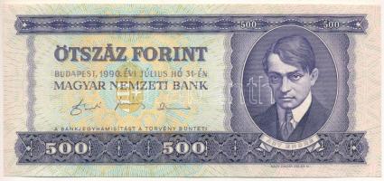 1990. 500Ft "E 065 050314" T:AU, hullámos papír, ütődés / Hungary 1990. 500 Forint "E 065 050314" C:AU, wavy paper, punched Adamo F43