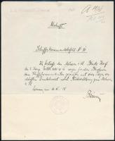 1917 Dunai Flottila. S.M. Spitalschiff Traisen A hajóparancsnok 31. számú kézzel írott parancsa. Josef Bende matrózt, mert a parancsnok utasításaival ellentétesen cselekedett, négy napra magánzárkába (Dunkelarrest) küldik a briggre, és negyedosztályú matrózzá lefokozzák. Az 1915. november 16-án kelt parancsot Barcsai (aki az S.M.S. Spitalschiff Traisen főorvosa volt) írta alá. Érdekes példa a haditengerészeti fegyelemre a gyakorlatban. Nagyon ritka hajópecsétekkel. // Danube Fleet. Handwritten order No. 31 from the ship?s commanding officer. Seaman First Class Josef Bende, for acting against the commanding officer?s instructions, is being sent to the brig in solitary confinement (Dunkelarrest) for four days and demoted to seaman fourth class. The order, dated November 16, 1915, is signed Barcsai (who was the S.M.S. Spitalschiff Traisen?s chief medical officer. An interesting example of naval discipline in action. K.u.K. KRIEGSMARINE S.M.S. ?TRAISEN? *  Kalis/Kohl No. 1 [type DK 21d] violet ?  RR and S.M. Spitalschiff ?Traisen? Kalis/Kohl No. 2 [type DL 1b] violet ? RR!!