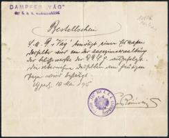 1918 Dunai Flottila. S.M.S. Vág Kézzel írott parancslap, kelt Újpesten, 1915. május 10-én, röviddel azután, hogy a Vágot rekvirálták a Dunai Flottilla által. Az első parancsnok, A. Roinski aláírása. Ritka hajópecsétekkel.    // Danube Fleet. Handwritten order form dated in Ujpest, May 10, 1915, shortly after Vág was requisitioned by the Danube Flotilla. It is signed by her fist commanding officer, A. Roinski. D A M P F E R V á G der K.u.K. KRIEGSMARINE Kalis/Kohl No. 4 [type DL 2d] and DAMPFER VÁG DER K. U. K. KRIEGSMARINE  Kalis/Kohl No. 1 [type DK 2e]