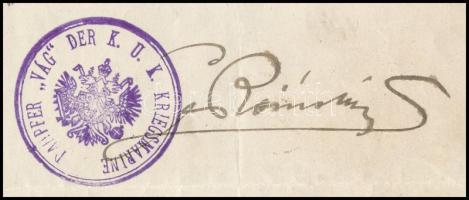 1918 Dunai Flottila. S.M.S. Vág
Kézzel írott parancslap, kelt Újpesten, 1915. május 10-én, röviddel...