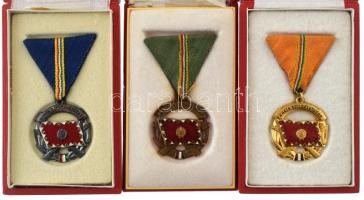 1964. "A Haza Szolgálatáért Érdemérem" (3xklf) arany fokozat, zománcozott, aranyozott bronz kitüntetés eredeti dísztokban + ezüst fokozat, zománcozott, ezüstözött bronz kitüntetés eredeti dísztokban + bronz fokozat eredeti dísztokban T:AU,XF patina