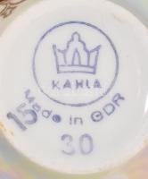 Kahla 6 személyes historizáló mintás kávés készlet, irizáló dekorral. Jelzett, teljes, egy fedél bel...