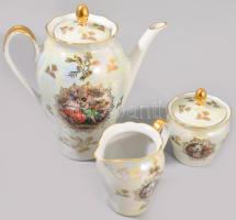 Kahla 6 személyes historizáló mintás kávés készlet, irizáló dekorral. Jelzett, teljes, egy fedél bel...