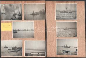 1915 S.M.S. Bagomer Dunai Flottilla hajója Az S.M.S. Bagomer eredeti fekete-fehér fényképe Újvidék kikötőjében, neve kiemelten az orrán, nyolc, kartonpapírra ragasztott fényképből álló sorozat többek között az S.M.S. Köröst ábrázolja aknamentesítő felszereléssel, az S.M.S. Samsont pedig felfegyverzés és páncélzat előtt stb., mindegyik kb. 9x12 cm.   // Danube Fleet. Black-and-white original photograph S.M.S. Bagomer, her name prominently displayed on her bow, in the port of Novi Sad. Set of eight photographs pasted onto pieces of cartboard also show, among other things, S.M.S. Körös outfitted with minesweeping gear, S.M.S. Samson before being armed and armored, etc. ca 9x12 cm each