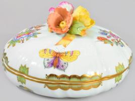 Herendi Viktória mintás fedeles edény, vékony virágszirom fogókkal, jelzett, hibátlan, d: 16,5 cm