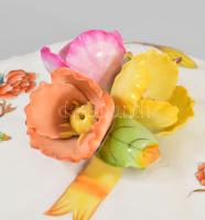 Herendi Viktória mintás fedeles edény, vékony virágszirom fogókkal, jelzett, hibátlan, d: 16,5 cm