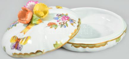 Herendi Viktória mintás fedeles edény, vékony virágszirom fogókkal, jelzett, hibátlan, d: 16,5 cm