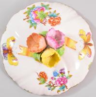 Herendi Viktória mintás fedeles edény, vékony virágszirom fogókkal, jelzett, hibátlan, d: 16,5 cm