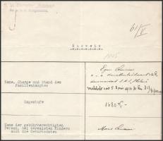 1915 Dunai Flottilla. Egon Quirini (tartalékos) Korvettenkapitány gépelt személyi lapja az S.M.S. He...