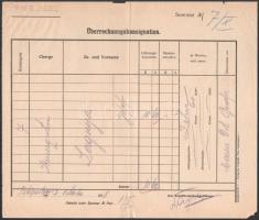 1918 Dunai Flottilla.S.M. Stabschiff Hebe  10 korona 60 heller átutalási megbízási nyomtatvány a Hebe S.M.S.-től a Budapesti Tengerészgyalogsági Különítmény számára, keltezés: Feldpost 299, 1918. október 12.. Ritka, módosított hajópecséttel.   // Danube Fleet Überrechnungskonsignation form for 10 crowns 60 heller to the Marine Detachement Budapest from S.M.S. Hebe, dated at Feldpost 299, October 12, 1918. To the very end, Habsburg bureaucracy plodded along ? Ship?s seal: S.M.S. ?HEBE? Kalis/Kohl No. 2 [type DL 1c] red ?  This seal is actually a modified version of Kalis/Kohl No. 2. It is 48 mm x 5 mm, instead of 36 mm x 5 mm, as described in the catalogue.