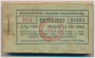 1929. Miskolc 1 1/2f "Miskolczi Orth. Izraelita Anyahitközség" vágatási jegy / értékjegy 1/8kg hús után (100x), teljes tömb "004 01001 - 004 01100" között T:AU, sarokhajlás, szennyeződés az első darabon