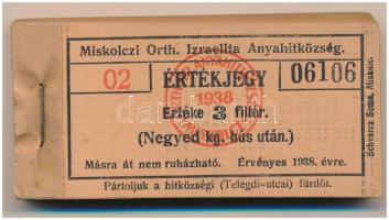 1938. Miskolc 3f "Miskolczi Orth. Izraelita Anyahitközség" vágatási jegy / értékjegy 1/4kg hús után (95x), "02 06106 - 02 06200" között T:AU, közte ~20db XF