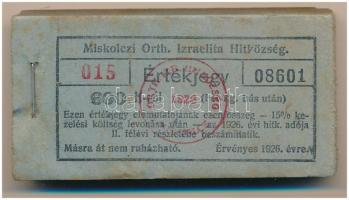1926. Miskolc 600K "Miskolczi Orth. Izraelita Anyahitközség" vágatási jegy / értékjegy 1/2kg hús után (100x), teljes tömb "015 08601 - 015 08700" között T:AU, szennyeződés az első darabon
