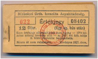 1927. Miskolc 12f "Miskolczi Orth. Izraelita Anyahitközség" vágatási jegy / értékjegy 1kg hús után (99x), közel teljes tömb "022 08402 - 022 08500" között T:AU, sarokhajlás