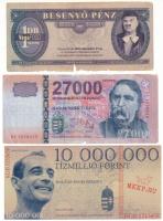 2012. "Besenyő Pénz" 1db vegafood italkupon + 2017. 10.000.000Ft "köszpénz" fantázia bankjegy az MKKP elnöke, Kovács Gergely arcképével + DN 27.000Ft "Ugorj szintet 2 hét alatt!" reklám pénz T:XF-VG