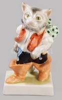 Herendi porcelán csizmás kandúr, kézzel festett, jelzett, hibátlan, m: 15,5 cm