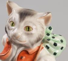 Herendi porcelán csizmás kandúr, kézzel festett, jelzett, hibátlan, m: 15,5 cm