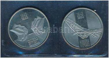 Jugoszlávia 1983. 10D Ni-sárgaréz "Neretvai csata 40. évfordulója" + 10D Ni-sárgaréz "Sutjeskai csata 40. évfordulója" közös műbőr dísztokban T:UNC,AU, kis patina Yugoslavia 1983. 10 Dinara Ni-brass "40th Anniversary - Battle of Neretva River" + 10 Dinara Ni-brass "40th Anniversary - Battle of Sutjeska River" in faux leather case C:UNC,AU, small patina