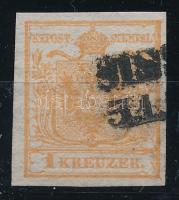 1850 1kr barnás narancs HP I, telt szín, ívszéli nyomat, pici vízjel / brownish orange, margin piece, with watermark "SIS(SEK)" Certificate: Strakosch (ANK EUR 740,-)