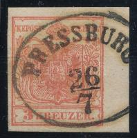 1850 3kr MP Ib, Gravurtype 2-1, ívszéli / margin, kartonpapír / card paper "PRESSBURG" Certificate: Strakosch (ANK EUR 250,-)