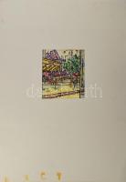 Nolipa István Pál (1907-1986): Nyári cukrászda, Budapest, 1971. Színes tus, papír. Jelezve jobbra lent. Hátoldalán autográf felirattal és Magyar Nemzeti Galéria kiviteli bélyegzővel. Paszpartuban. 19x16 cm