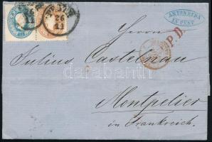 1861 15kr + 10kr levélen teljes tartalommal Franciaországba. Érdekes darab / 15kr + 10kr on cover with full content to France "PESTH"