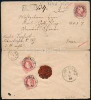 1869 5kr díjjegyes boríték a hátoldalon 2 x 5kr bélyeggel ajánlott küldeményként / Registered 5kr PS-cover with 2 x 5kr "SZÁSZ-KERESZTÚR" - Graz