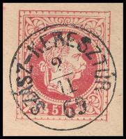 1869 5kr díjjegyes boríték a hátoldalon 2 x 5kr bélyeggel ajánlott küldeményként / Registered 5kr PS...