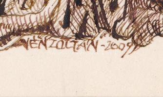 Vén Zoltán (1941-): Szent Antal megkísértése, 2009. Tus, papír, jelzett, paszpartuban, 29×13,5 cm