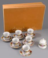 Kalocsai Porcelán 6 személyes kávézó szett, 6 db csésze alátéttel és cukortartó, díszdobozban, hibátlan.